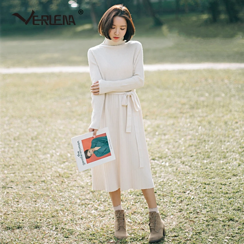 High Waist Roll Neck Rib Solid White Jumper Sweater Dress Elegant Women Long Sleeve Belt Spring Knitted VERLENA New 2019 | Женская