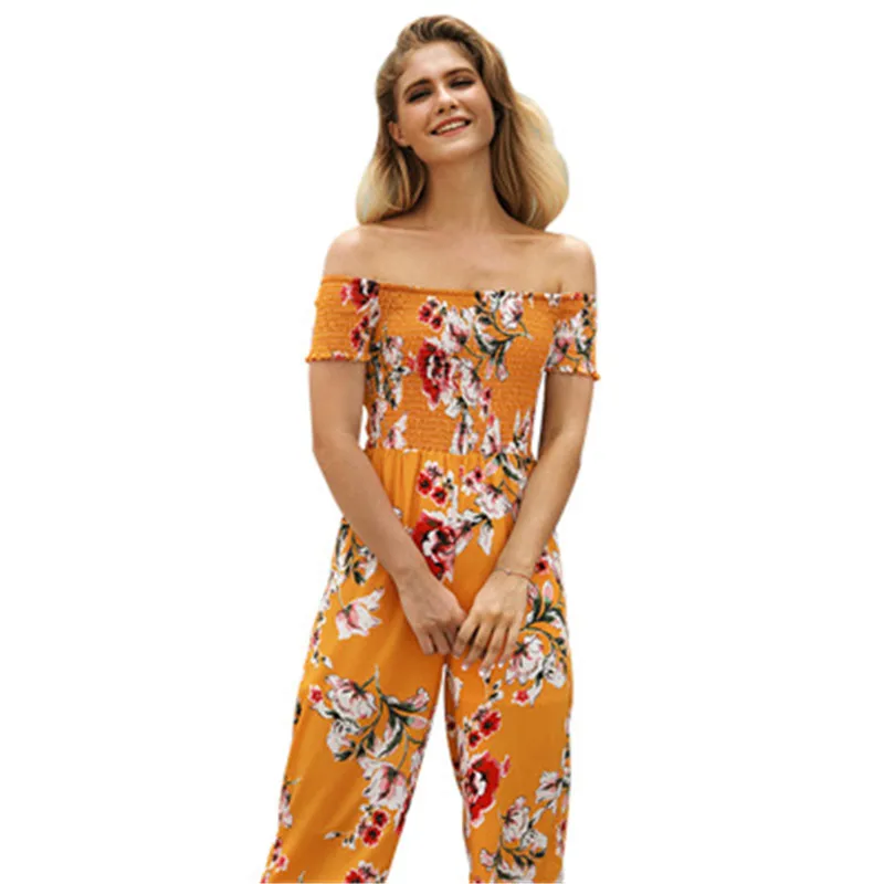 

Summer Women Bohemia Jumpsuit Floral Print Sexy Slash Neck Off Shoulder Short Sleeve Rompers Female Playsuits