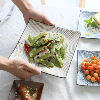 

1pc 7.8 inch Japanese Style Dinner Plate Line Stripe Dinner Dishes Retro Square Dinnerware Rice Dishes Afternoon Tea Plate
