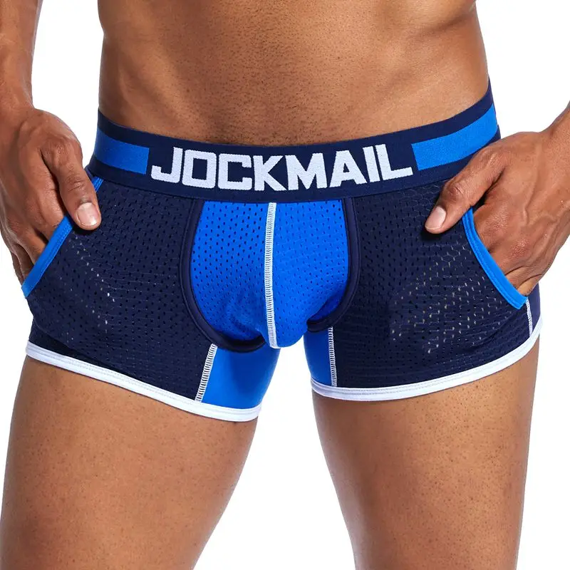 JOCKMAIL, брендовые, новые, боксеры, мужские, сетчатые, с мешочком, сексуальное, мужское нижнее белье, под брюки, домашние, хлопковые трусы, боксерские шорты для геев, мужские трусы - Цвет: Тёмно-синий