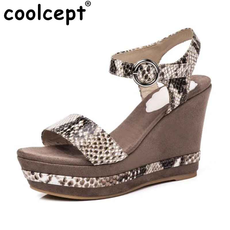 Coolcept Mature Women Genuine Leather Wedges Sandals Ankle Strap Peep