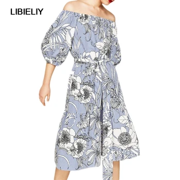 

Floral Printed Blue Striped Off Shoulder Dress Women Nice Spring Summer Bell Sleeve Dresses Woman Ruffles Loose Dress Female