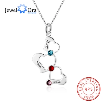 3 Heart Hollow Design Personalized Engrave Name Necklace Birthstone 925 Sterling Silver Necklaces & Pendants (JewelOra NE102367)
