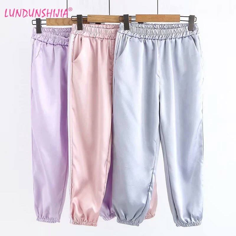 

LUNDUNSHIJIA 2019 Spring Summer Women Satin Ankle-Length Pants Casual White Striped Side Closed Comfy Sweatpants Female Pants