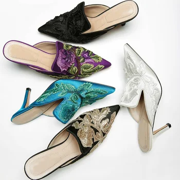

Vogue Pointed Toe Elegant Women Pumps High Heels Flower Embroider Women Mules Sexy Valentine Shoes Women SWC0067