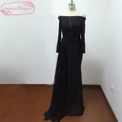 Черные вечерние платья с открытыми плечами с длинным рукавом Кружева аппликации бисером кристалл пояса черные платья выпускного вечера