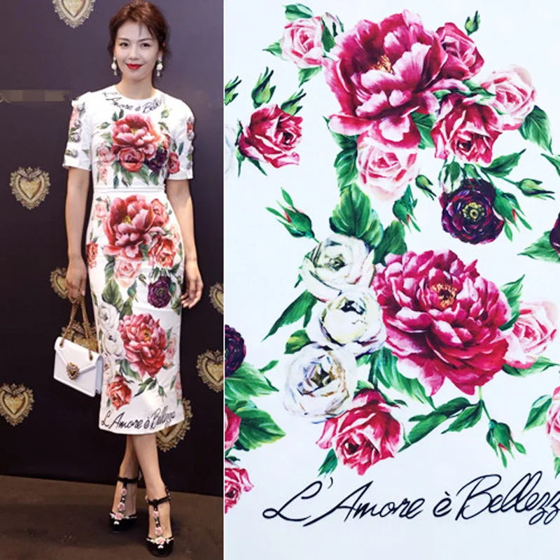 

1.5meter Located Peony Flowers L'Amore White Background Polyester Fabric for Woman Spring Summer Dresses Sewing