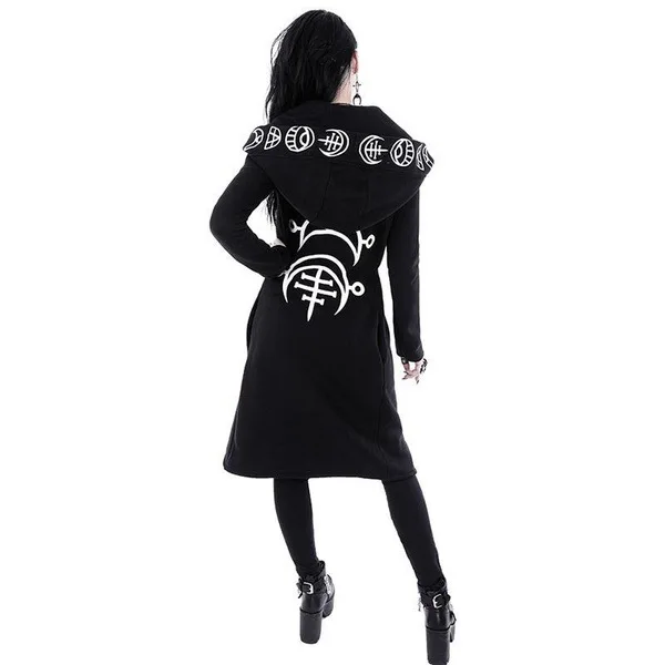 Готические черные женские толстовки в стиле панк с принтом Луны, куртка с длинным рукавом, пальто на молнии, Повседневная Толстовка с капюшоном в готическом стиле, женские свитшоты размера плюс