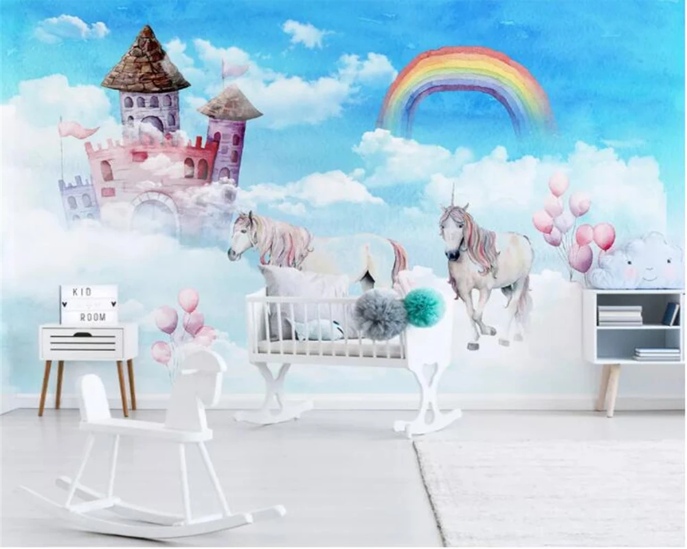 Beibehang настроить 3d обои Современная ручная роспись небо Радуга замок Единорог детская комната задний план стены 3d обои