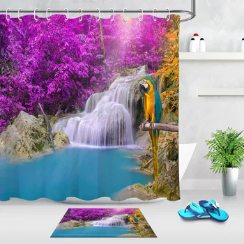 

LB Parrot Macaw Against Tropical Waterfall in Deep Forest Shower Curtain Mat Purple Bathroom Fabric For Art Nature Bathtub Decor