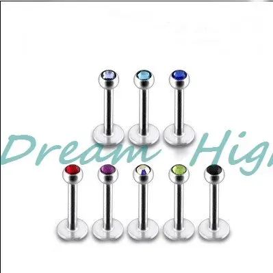 

Free Shipping Labret Ring Lip Piercing Crystal Gem Stone Fashion Body Jewelry 316L Stainless Steel 16G 6mm 8mm 10mm bar