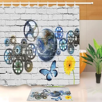 

LB Wall Graffiti Earth and Cogs Shower Curtain Liner And Mat Set Waterproof Polyester Custom Bathroom Fabric For Bathtub Decor