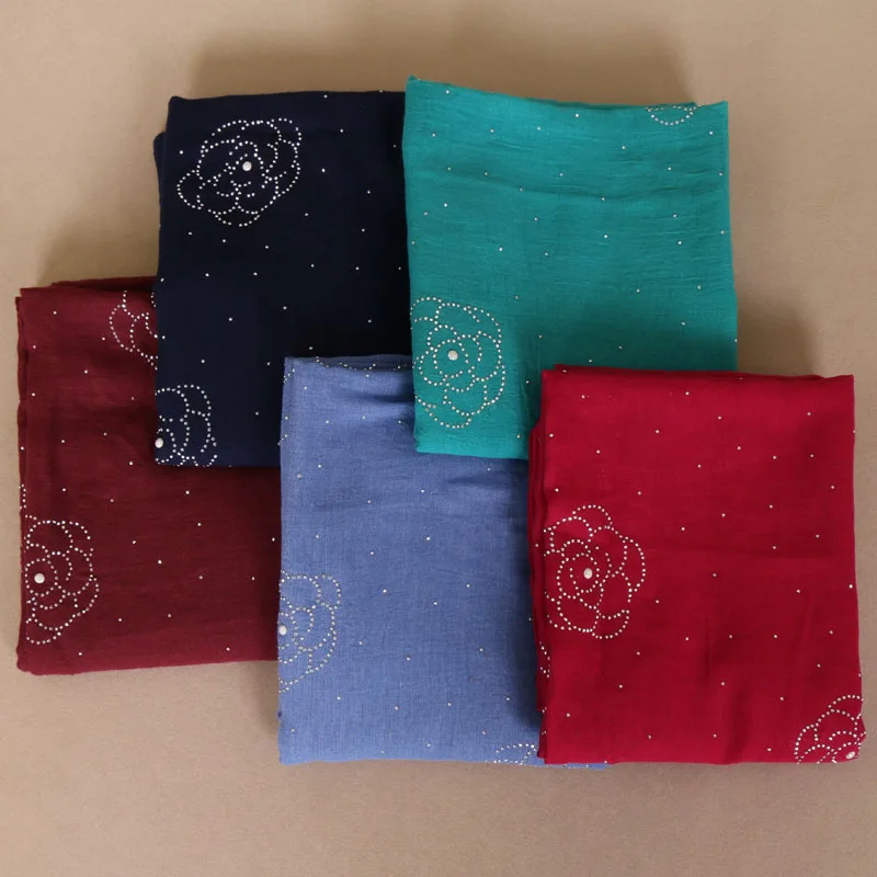 

2018 Women's Plain Diamond Floral Viscose Shawl Scarf Solid Beads Stone Glitter Voile Headband Wrap Muslim Hijab Sjaal 180*75Cm
