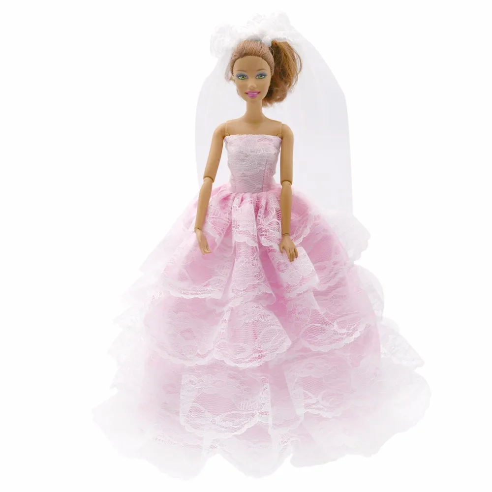 

High Quality Party Doll Accessories pink White lace Dresses Gown Wedding dress with veil For Barbies doll girls gift