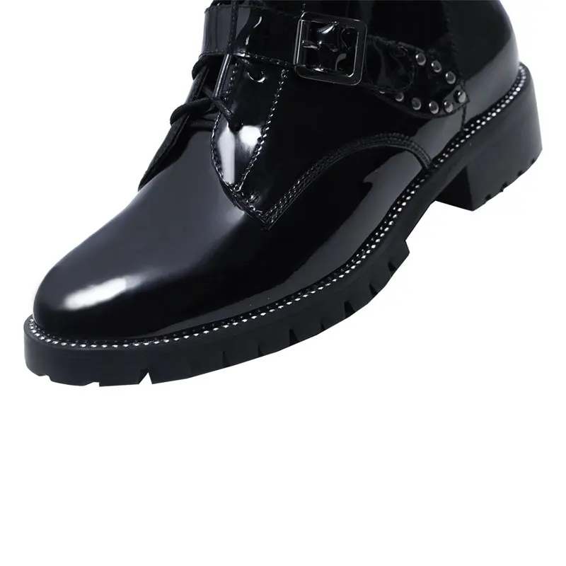 ALLBITEFO/женские ботинки из лакированной кожи на низком каблуке; модные брендовые ботинки с заклепками и пряжкой для девочек; женские ботильоны; большие размеры 33-43