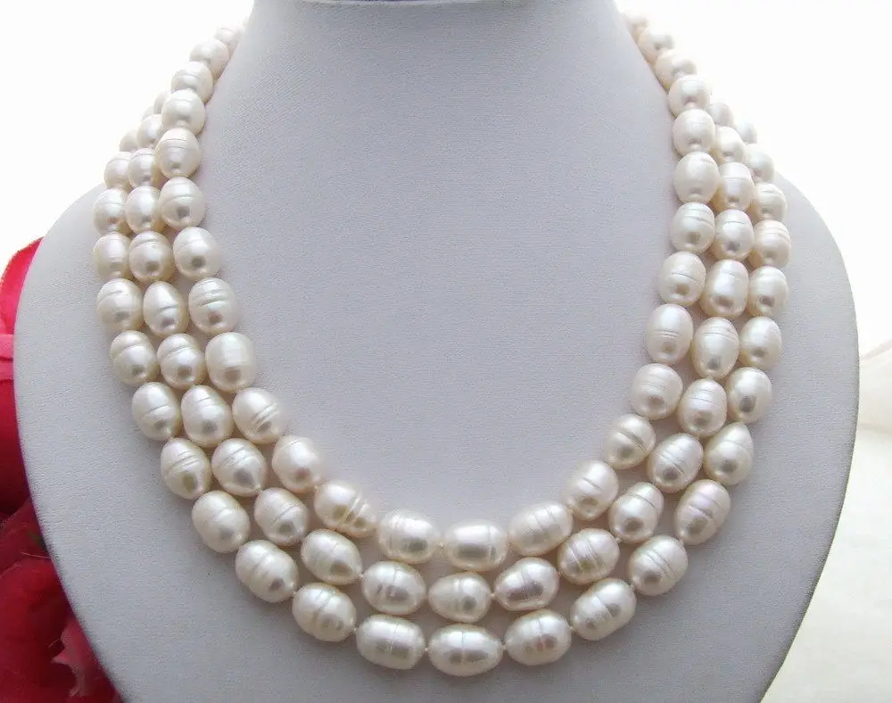 N1410144 3 strds 9 10 мм натуральный белый рис ожерелье|necklace necklace|necklace whitenecklace natural |