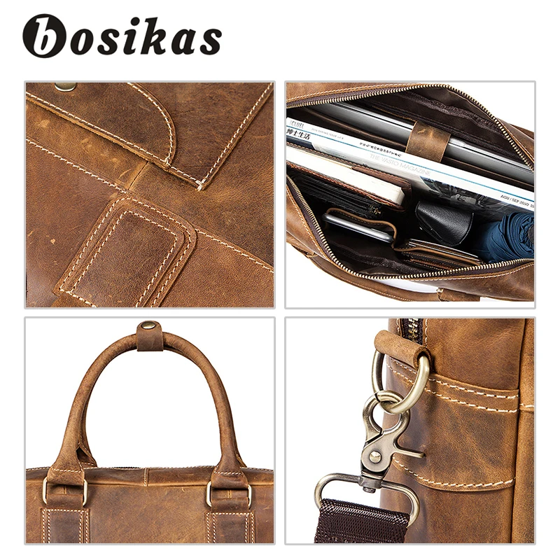 Brown Umhängetasche Männer Schulranzen Tasche Messenger Vintage Marke Zoll Schulter Taschen 14 Laptop Leder Echtem Bosikas Handtaschen qw6UZRTU