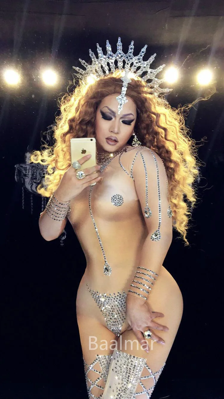 

DJ DS Women's Sexy Rhinestones Bodysuit Stage Outfit Female Singer jumpsuit Nightclub Nude Crystals Costume Dance Leggings