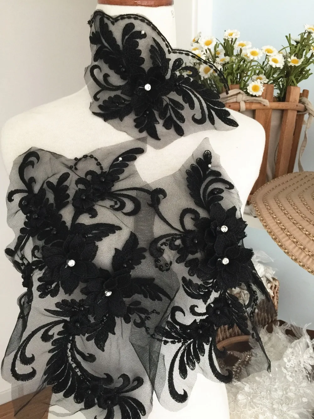 

2 sets 3D pearl and rhinestone beaded lace applique set in black wedding gown bridal dress dance costumes bodice veil lace