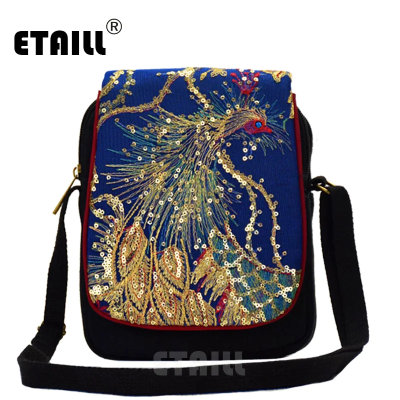 

ETAILL Golden Sequins Phoenix Embroidered Crossbody Bag Chinese Ethnic Embroidery Bag Vintage Canvas Flap Shoulder Messenger Bag
