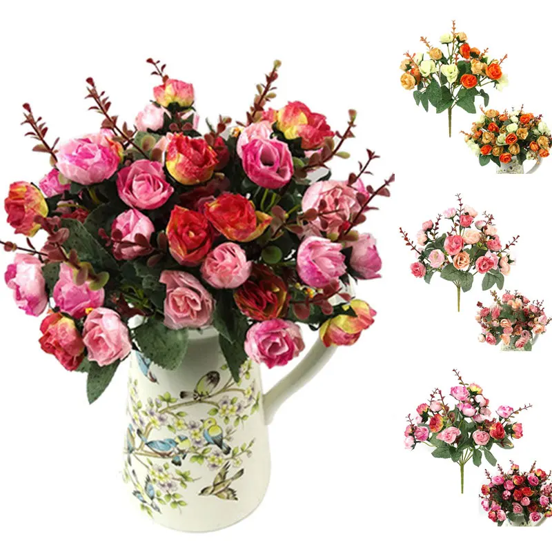 1Bunch Fresh Artificial Rose Flowers 21 Heads Romantic DIY Fake Silk Floral for Wedding Party Home Decoration