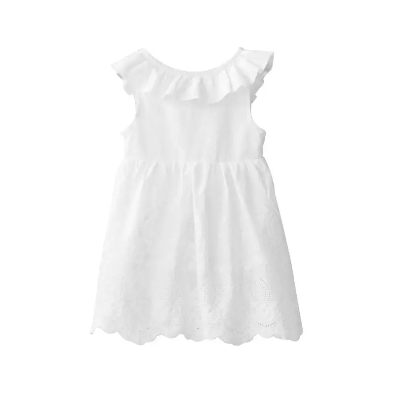 

Toddler Baby Girls Sleeveless V-Neck Solid White Color TOP Princess Big Bowknot Ruffles Flounce Hollow Lace Hemline Skirt 1-7T