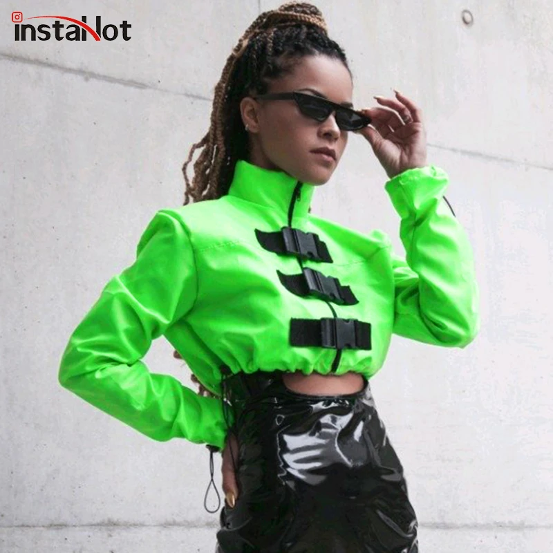 

InstaHot Green High Street Buckle Jacket Cropped Top Zip Up Pocket Stand Collar Bomber Jacket Autumn Women Casual Coat Outwear