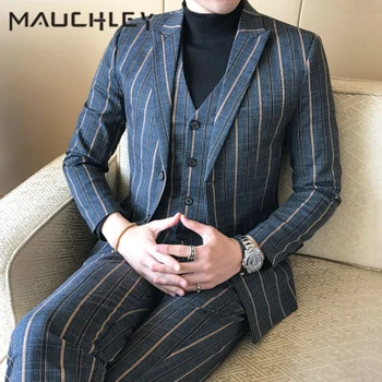 

MAUCHLEY 3 Pieces / Set (Jacket+Vest+Pants) Prom Mens Suit With Pants Striped Wedding Suits for Men Slim Fit Plus Size 5XL 2018