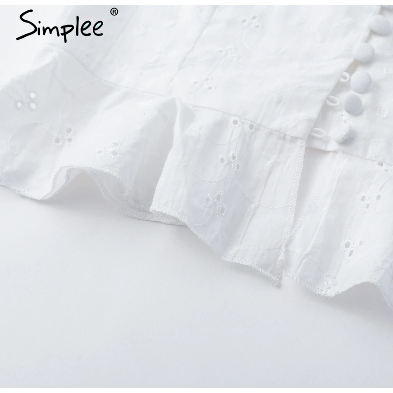 Женская белая рубашка Simplee с рюшами, винтажный дутый топ с баской, шифоновая блузка с прямоугольный вырезом, принтом и длинными рукавами на лето