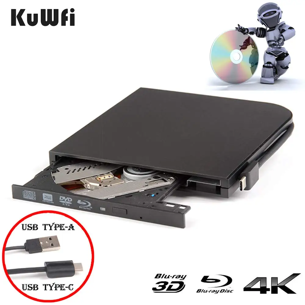 KuWFi 3D 4 K Blu-Ray плеер внешний DVD привод для ноутбука USB3.0 type-A и type-C интерфейсы портативный тонкий автоматический слот-загрузка