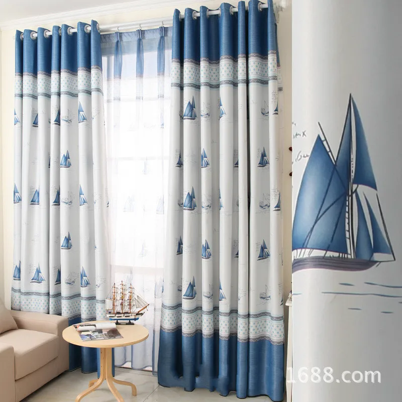 

2017 European Style Children Curtain Elegant Blue Ocean Sailboat Pattern Blackout Cloth Curtains for Living Room Bed Room