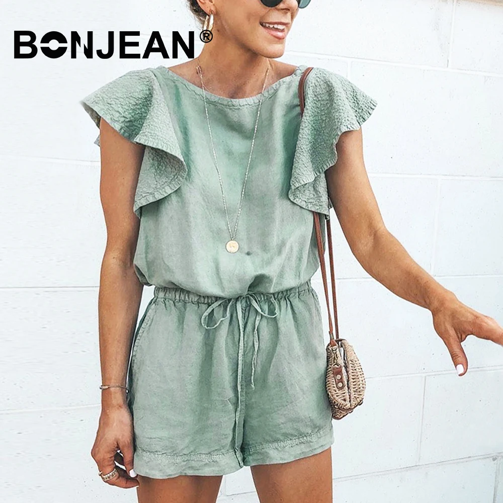 

Green Boho Jumpsuit Short Playsuit Summer 2019 Romper Women Overalls Ladies Short Sleeve Ruffle Combinaison Short Femme Z016