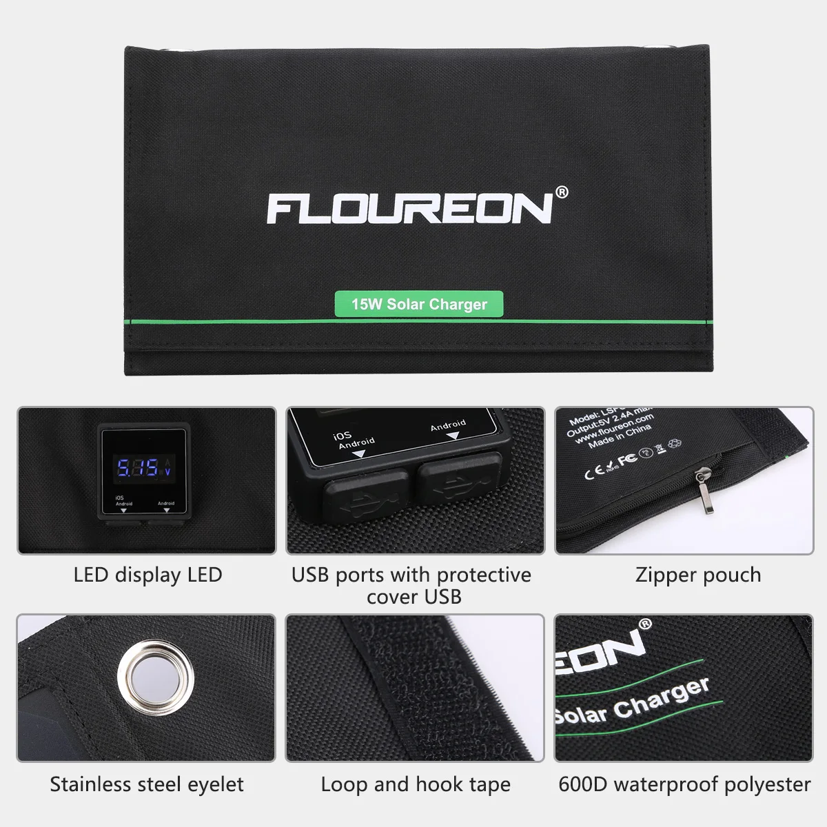 FLOUREON 5 в 15 Вт солнечное зарядное устройство встроенный Амперметр солнечное зарядное устройство с двумя портами usb Водонепроницаемая панель для смартфона планшета