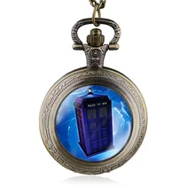 Hot Selling Quartz Pocket Watch Bronze Police Box Pattern With Fob Chain Watch Men Women Best Gift HB829