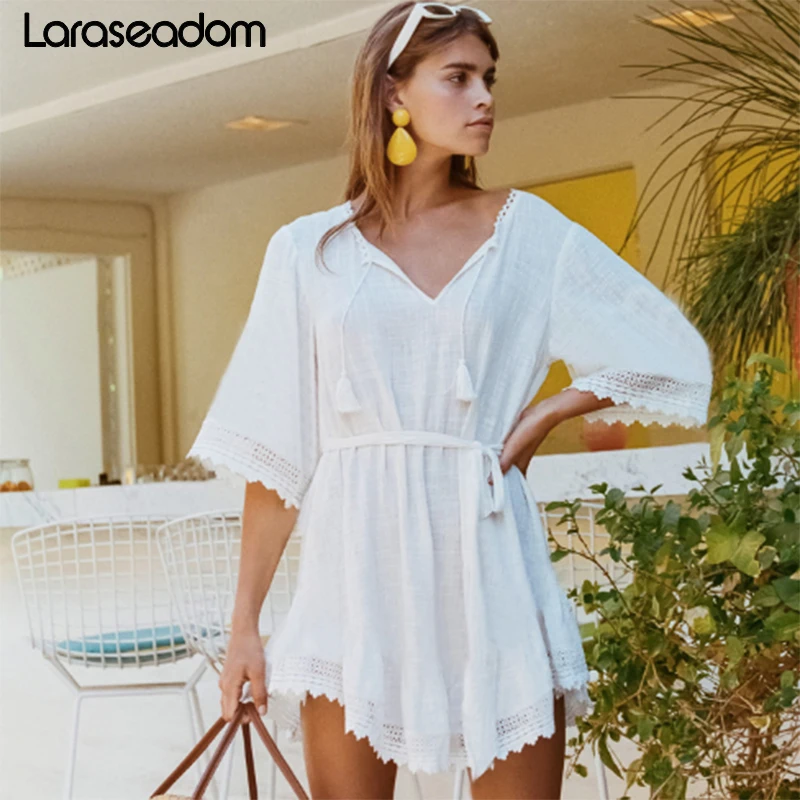 

Beach dress Saida de Praia Cotton Beach Cover up Kaftan Beach Pareos de Playa Mujer Lace Bikini Cover up Swimsuit cover up#N113