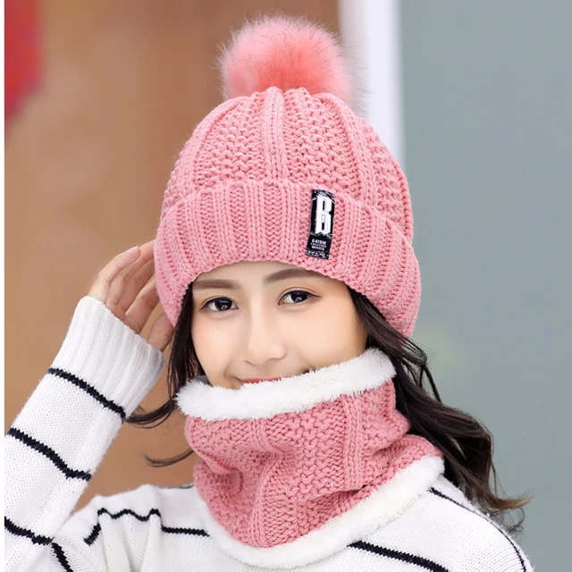 Brand Winter Knitted Beanies Hats Women Thick Warm Skullies Hat Female Knitting Letter Bonnet Beanie Caps Outdoor Riding Sets 1