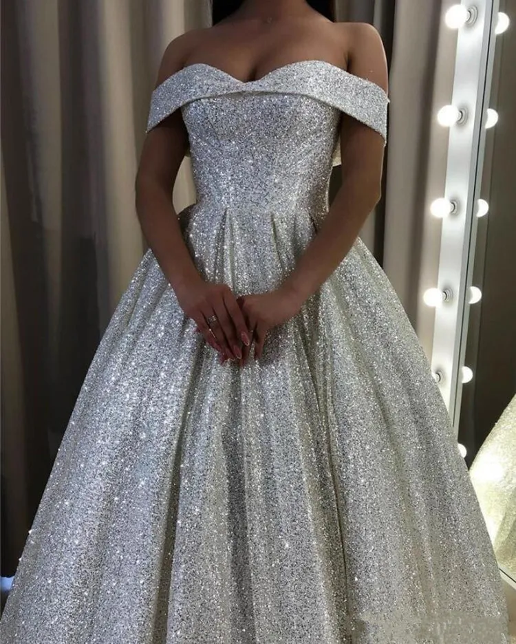 Glitz серебряные Свадебные платья с блестками с открытыми плечами элегантное женское вечернее платье свадебное платье Элегантное Vestido De Novia на заказ для невесты