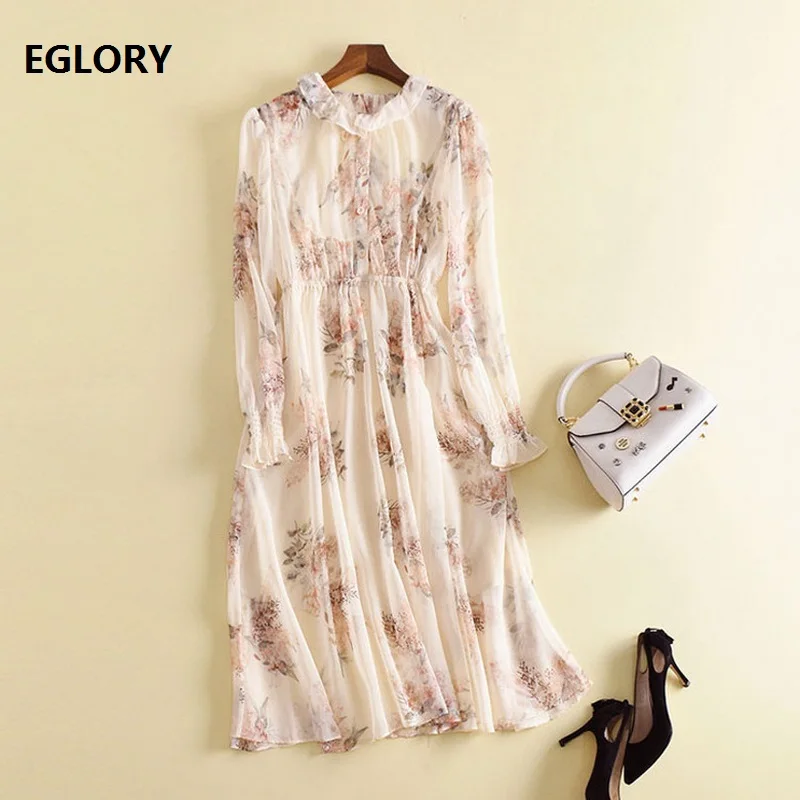

Summer Dress Chiffon Sweet Women Ruffled Collar Long Sleeve Floral Dress Elastic Waist Casual Midi Dress Brand Vestidos Mujer