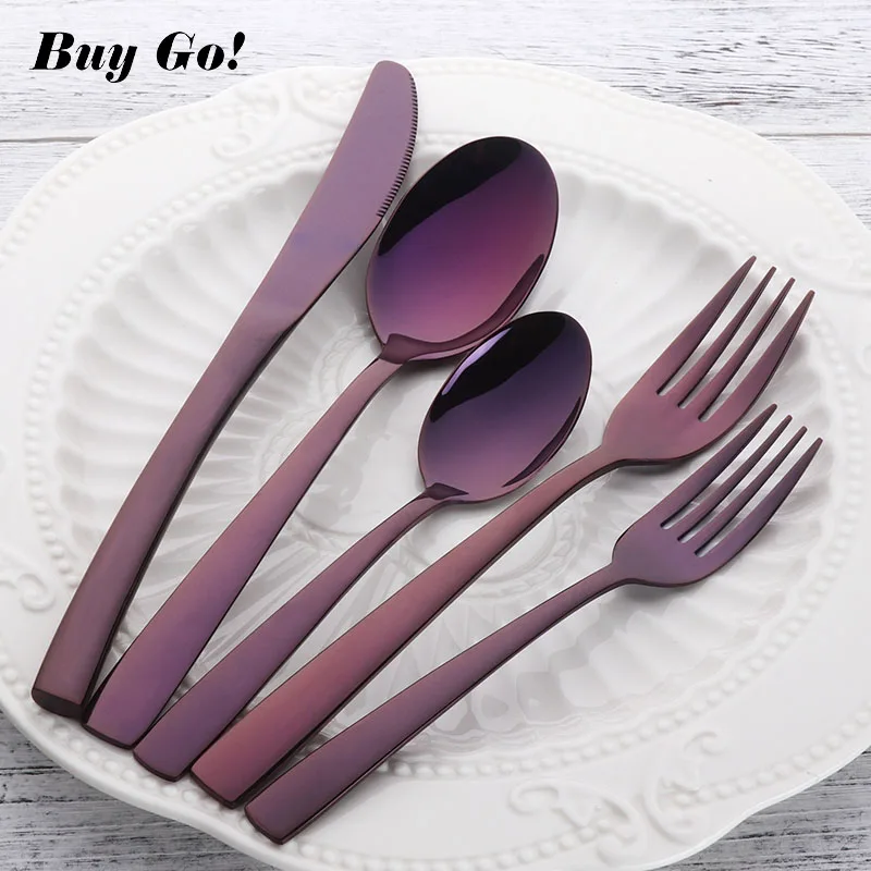 20pcs Western Dinnerware Set Stainless Steel Good Mirror Polishing Purple Plated Metal Dinner Knife Fork Salad Fork Teaspoon Set