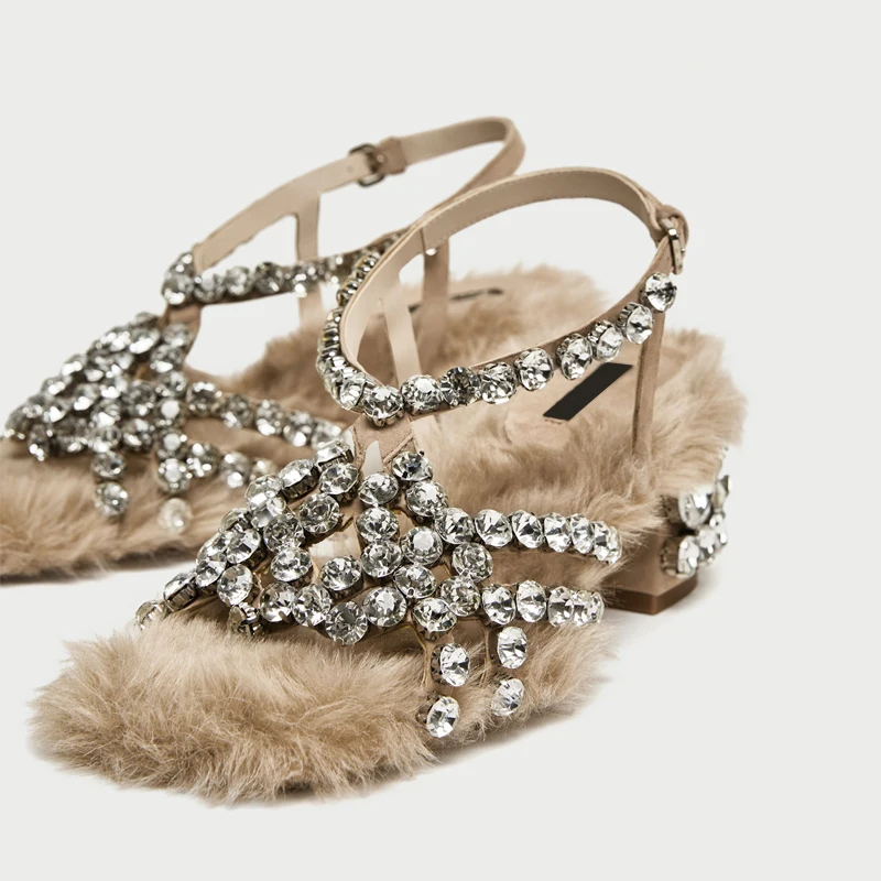 

Bling Crystal Decor Caged Women Sandals Mid Heel Cutout Summer Sandalias Mujer Fashion Luxury Fur Sandals Women Shoes Rhinestone