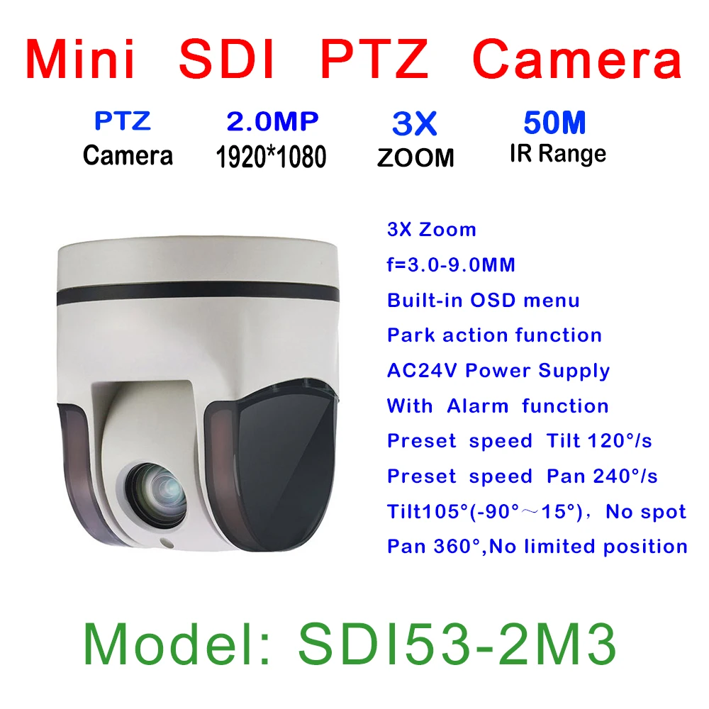 HD Mini PTZ Camera, In-ceiling/Wall/Pendant Mount, 3x A/F Zoom Lens, 3.0 - 9.0 mm Auto Focus Zoom, 2.0MP HD-SDI, Wide angle View