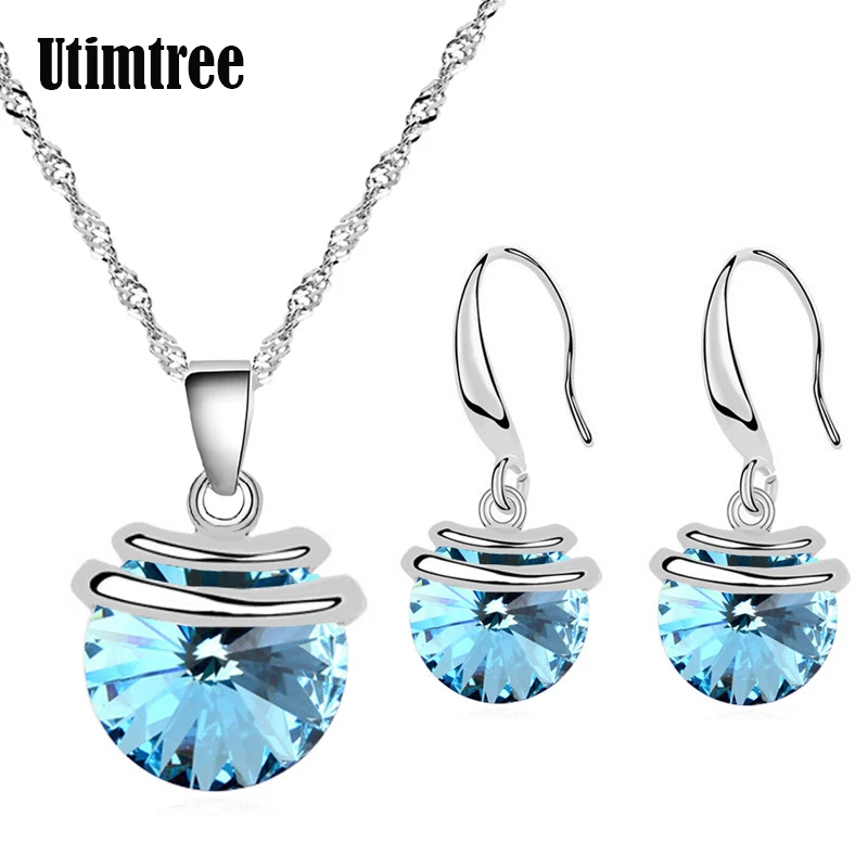 

Utimtree New Love Jewelry Sets For Girlfriend Wife Simple Round Austrian Crystal Wedding Pendants Necklaces Earring Jewelry Sets