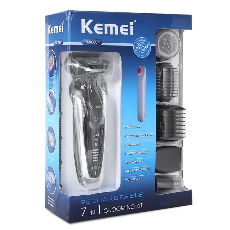 Kemei KM-8867 7 в 1 3D электробритва для мужчин беспроводной триммер для бороды перезаряжаемый станок для бритья Barbeador бритва