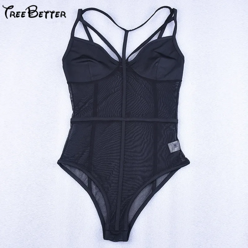 Hollow Out Mesh Spliced Patchwork See Through Skinny Backless Sexy Bodycon Bodysuit Black Women