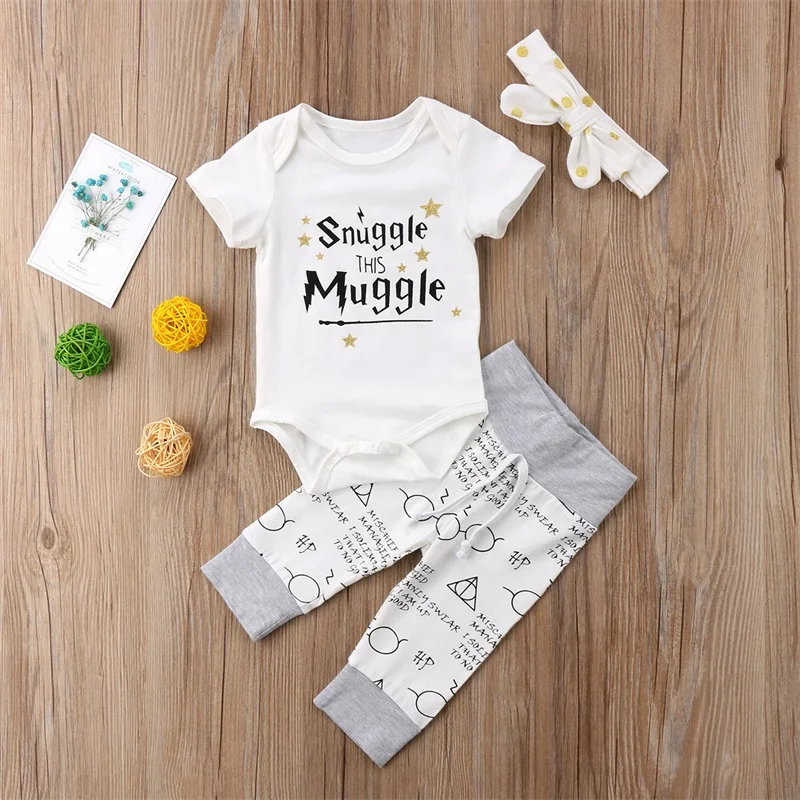 

Children Baby Clothes set 2018 New Arrival Snuggle This Muggler Tops+Pants+Headband 3pcs Outfit Infant Babe Boy Clothing set