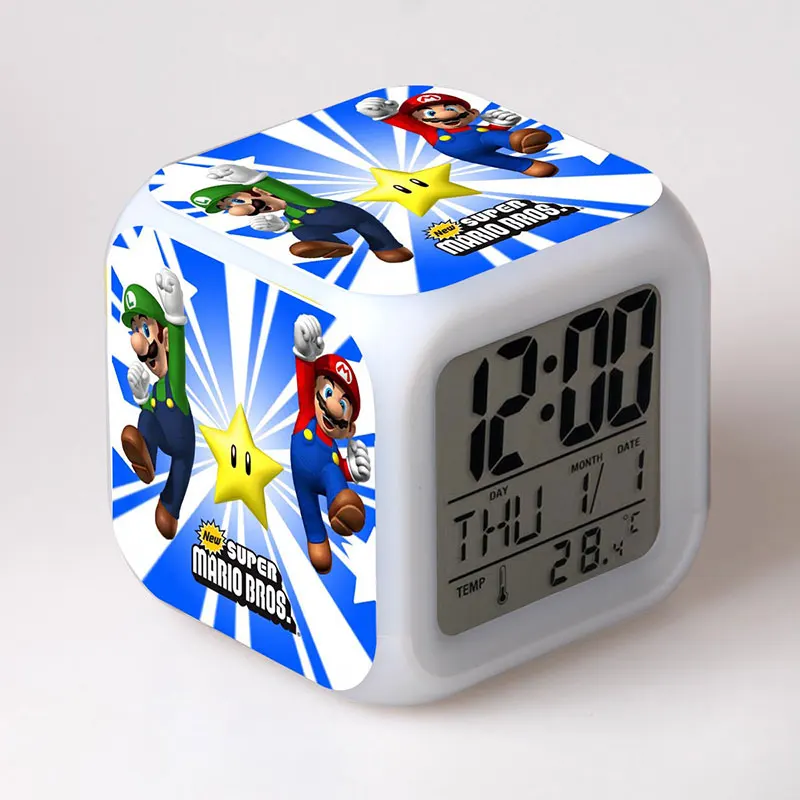 Super Mario Bros Anime Figurines Clock Alarm LED Colorful Luminous Light Thermometer Luigi Mario Yoshi Action Figures Toys