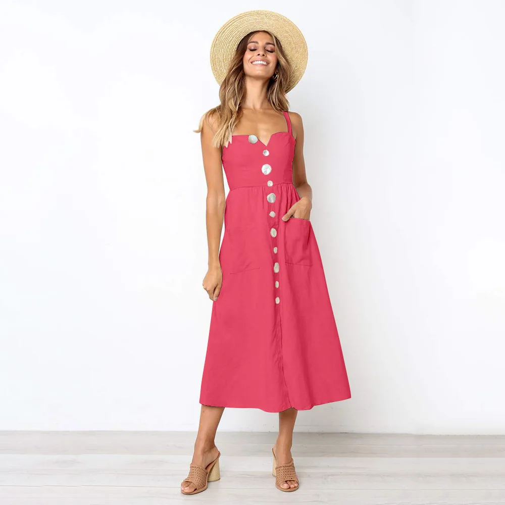 

Missufe Button Spaghetti Strap A Line Boho Sundress 2019 Casual Off Shoulder Beach Dress 5 Colors Midi Length Summer Dress Women