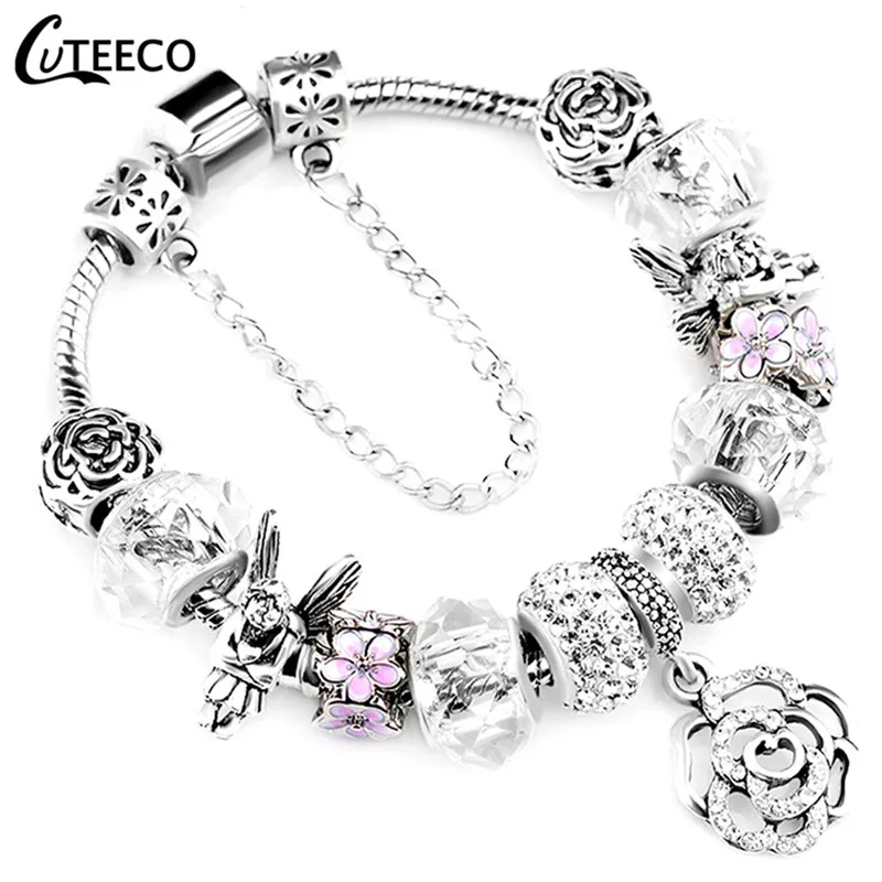 AA0105 CUTEECO 925, модный серебряный браслет с шармами, браслет для женщин, Хрустальный цветок, сказочный шарик, подходит для брендовых браслетов, ювелирные изделия, браслеты - Окраска металла: AA0105