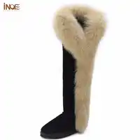 INOE fashion fox fur botas cow suede leather over the knee long winter snow boots for women thigh winter shoes boots black brown
