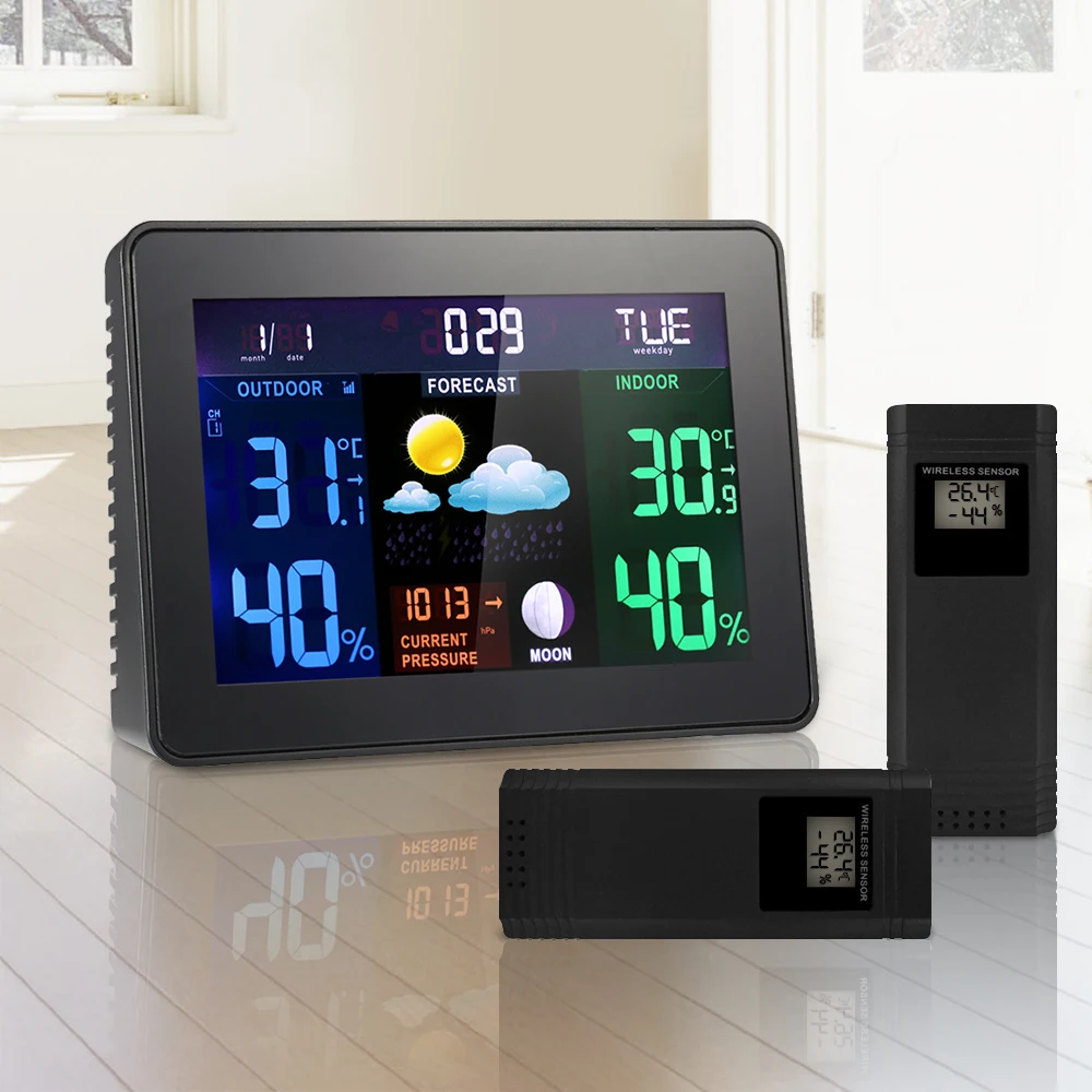 

Wireless Thermometer Humidity Digital Temperature Meter Indoor Outdoor Wireless Weather Alarm and Snooze Function 2 Remote Senor
